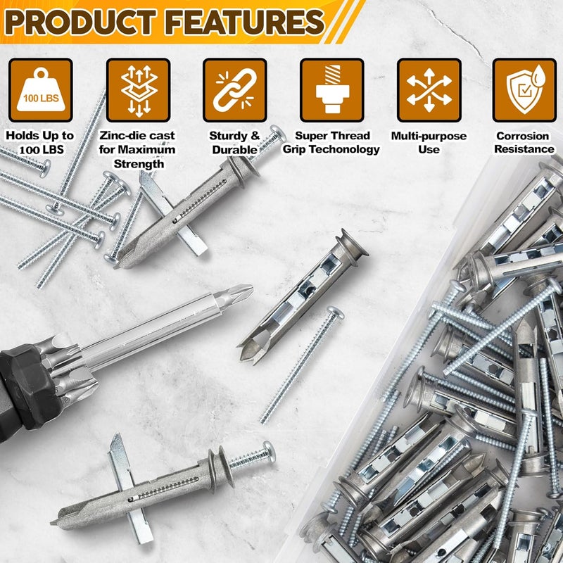 UNVERT Self Drilling Ez Drywall Toggle Anchor Kit, Heavy Duty #8 Anchor with Screws - Easy Wall Ancors for Hanging and Mounting - Holds Up to 100 Lb. (5 Pack) - Image 2